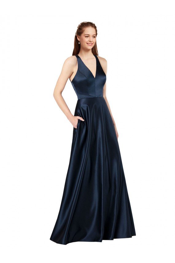 Outlet Long Formal Satin Bridesmaid Gown with Halter Neckline