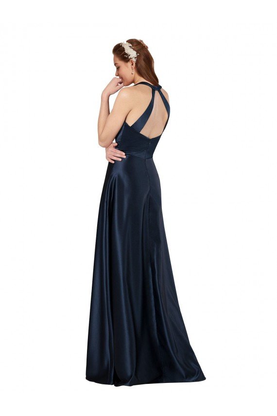 Outlet Long Formal Satin Bridesmaid Gown with Halter Neckline