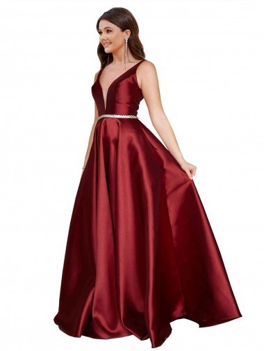 Outlet Sleeveless Deep V-Neck A-Line Formal Satin Bridesmaid Dress / Prom Dress with Pockets
