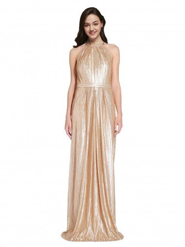 Outlet Floor Length Halter Neck Sparkling Formal Sequin Bridesmaid Dress / Prom Dress with Pleats