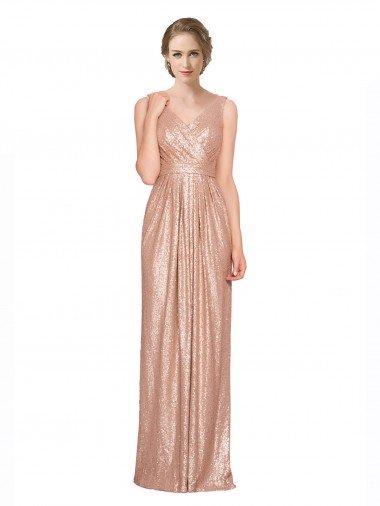 Outlet Draped V-Neck Striking Sheath Floor Length Formal Sequin Bridesmaid Dress / Prom Dress