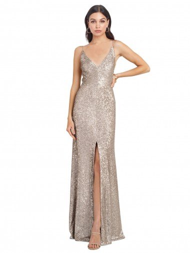 Outlet V-Neck Fully Sequin Formal Bridesmaid Dress / Prom Dress with V-Back and Front Slit