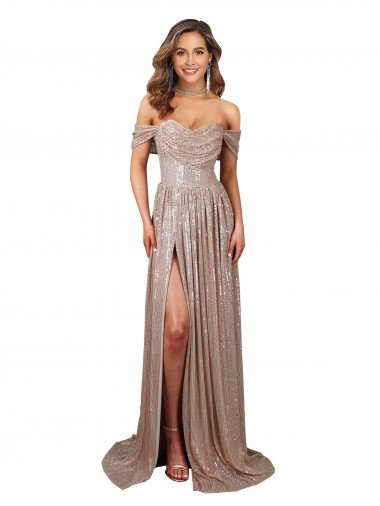 Outlet Strapless Scoop Neck Off the Shoulder Long Formal Sequin Bridesmaid Dress / Prom Dress with High Slit