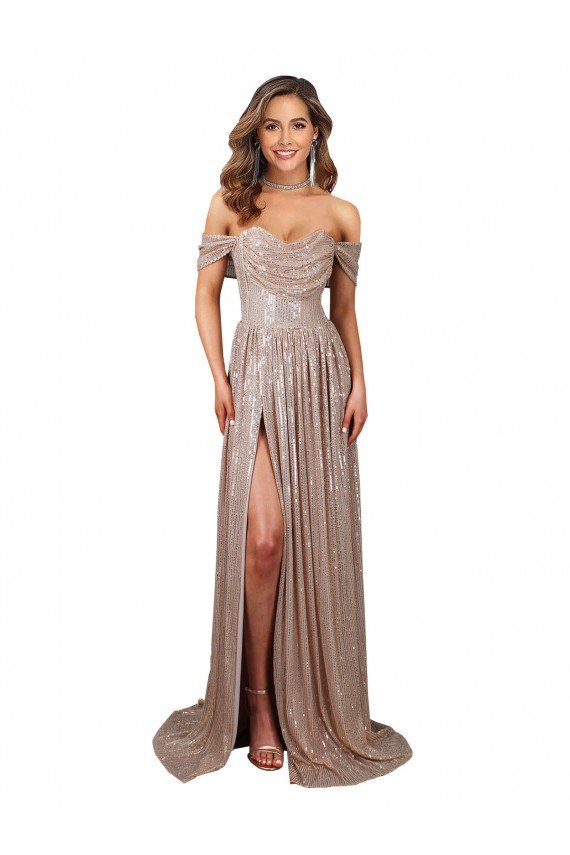 Outlet Strapless Scoop Neck Off the Shoulder Long Formal Sequin Bridesmaid Dress / Prom Dress with High Slit