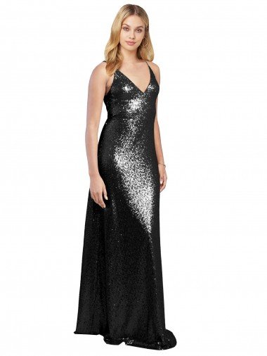 Outlet Full Length A-Line Formal Sequin Bridesmaid Dress / Prom Dress with Spaghetti Straps V-Neckline