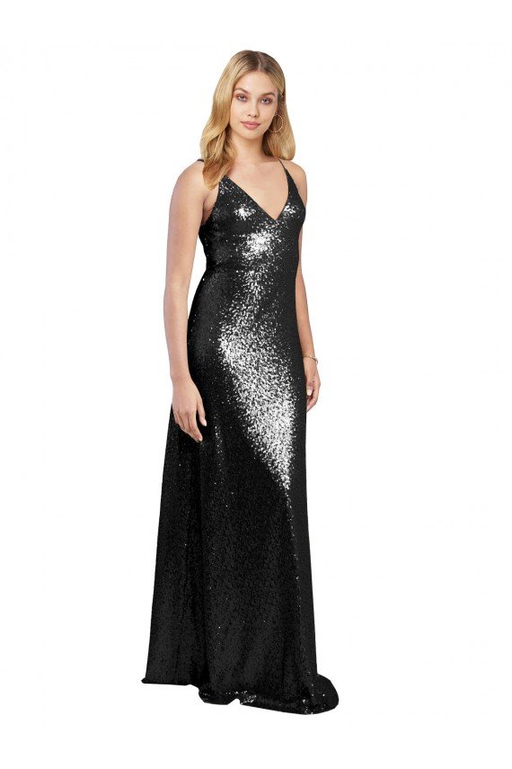 Outlet Full Length A-Line Formal Sequin Bridesmaid Dress / Prom Dress with Spaghetti Straps V-Neckline