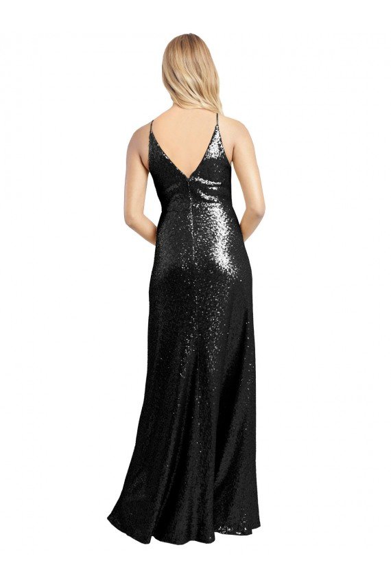 Outlet Full Length A-Line Formal Sequin Bridesmaid Dress / Prom Dress with Spaghetti Straps V-Neckline