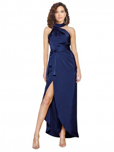 Outlet Full Length High Neck Wrap Formal Silky Satin Bridesmaid Dress / Prom Dress with Waist Tie