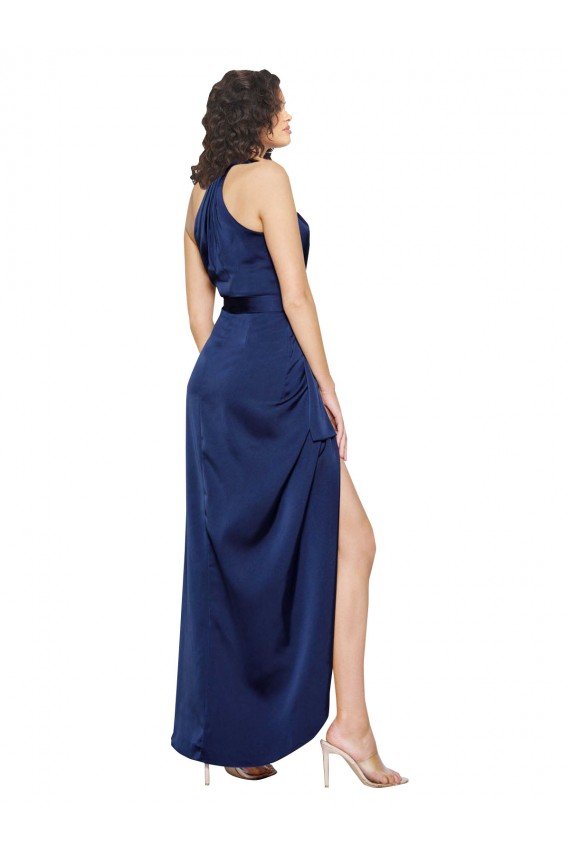 Outlet Full Length High Neck Wrap Formal Silky Satin Bridesmaid Dress / Prom Dress with Waist Tie