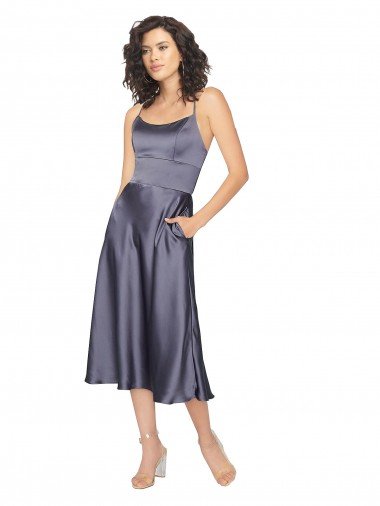 Outlet Midi Cocktail Length Silky Satin Bridesmaid Dress / Prom Dress with Open Tied Back & Pockets