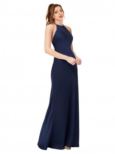 Outlet High Neck Satin Bridesmaid Dress / Prom Dress with Strappy Back
