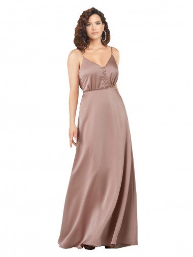 Outlet Subtle V-Neckline Formal Silky Satin Bridesmaid Dress with Front Button Detail
