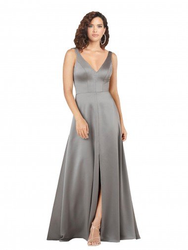 Outlet Plunging V-Neckline Long A-Line Formal Silky Satin Bridesmaid Dress / Prom Dress
