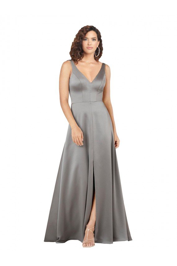 Outlet Plunging V-Neckline Long A-Line Formal Silky Satin Bridesmaid Dress / Prom Dress
