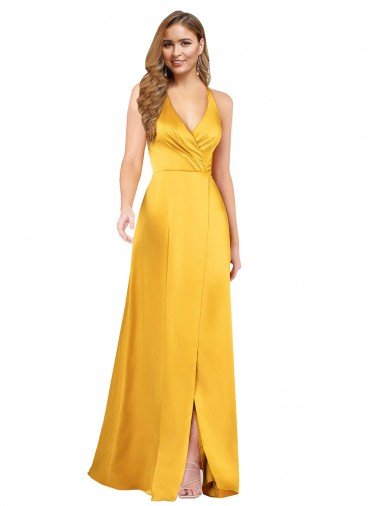 Outlet Halter A-Line Formal Silky Satin Bridesmaid Dress / Prom Dress with V-Neckline and Slit