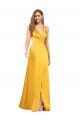 Outlet Halter A-Line Formal Silky Satin Bridesmaid Dress / Prom Dress with V-Neckline and Slit