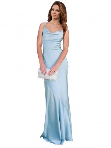 Outlet Open Back with Ties Cowl Neck Sheath Formal Silky Satin Long Bridessmaid Dress