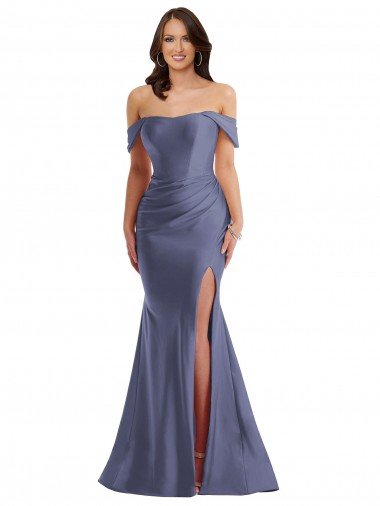 Outlet Off the Shoulder Corset Formal Silky Satin Mermaid Bridesmaid Dress / Prom Dress with Side Slit
