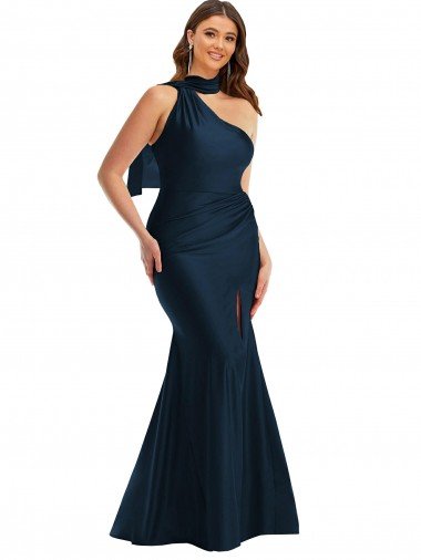 Outlet Scarf Neck One Shoulder Formal Silky Satin Mermaid Bridesmaid Dress / Prom Dress with Front Slit