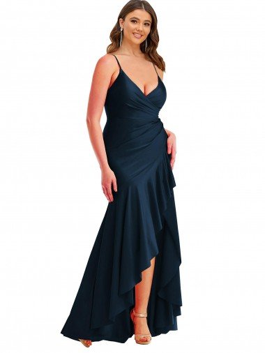 Outlet Pleated Wrap Ruffled High Low Formal Silky Satin Bridesmaid Dress / Prom Dress
