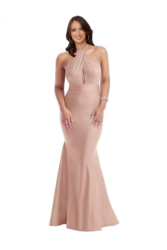 Outlet Criss Cross Halter Open Back Formal Silky Satin Mermaid Bridesmaid Dress / Prom Dress