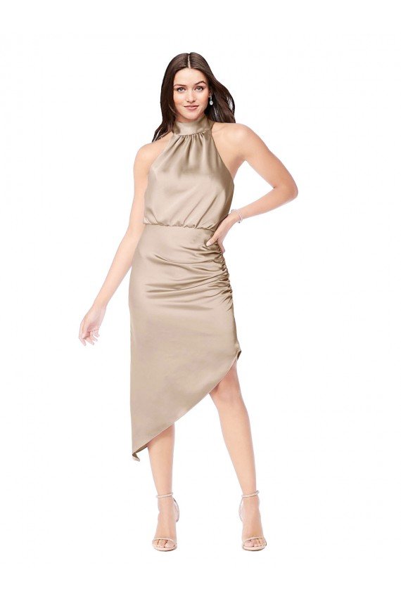 Outlet Silky Satin High Low Midi Cocktail Length Bridesmaid Dress / Prom Dress with Asymmetric Skirt