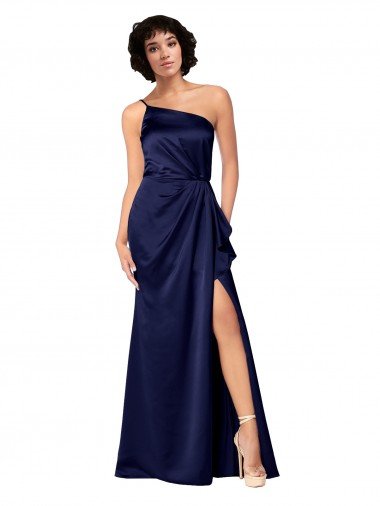 Outlet One Shoulder Formal Silky Satin Bridesmaid Dress / Prom Dress with Skirt Slit