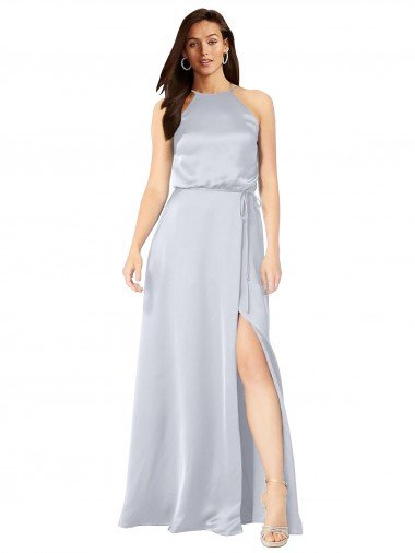 Outlet Halter Neck Formal Silky Satin Bridesmaid Dress with Strappy Back