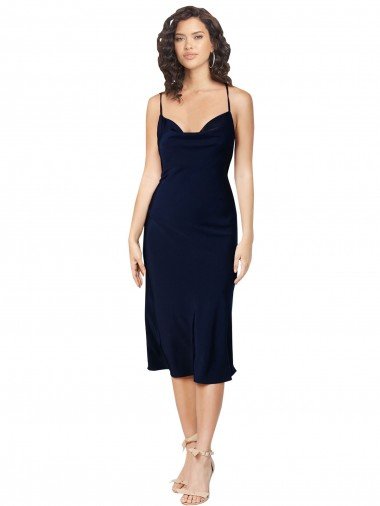 Outlet Short Cocktail Midi Length Formal Silky Satin Bridesmaid Dress / Prom Dress with Cowl Neck and Cross Back Straps