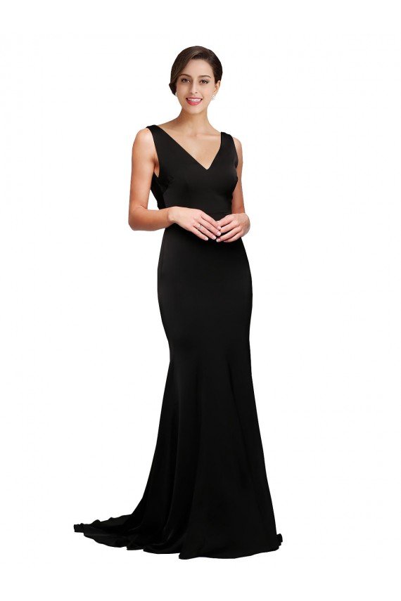 Outlet V-Neck Full Length Formal Silky Satin Bridesmaid Dress / Prom Dress with Soft Cowl Neck and Sweep Train