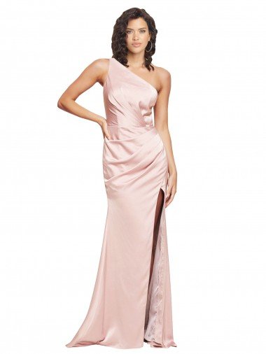 Outlet Full Length Ruched Formal Silky Satin Bridesmaid Dress / Prom Dress with Low Back and High Split