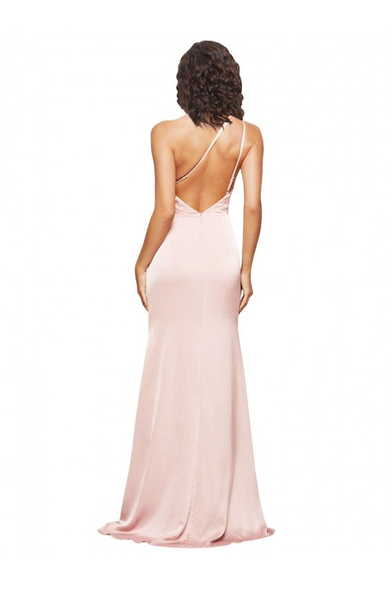 Outlet Full Length Ruched Formal Silky Satin Bridesmaid Dress / Prom Dress with Low Back and High Split