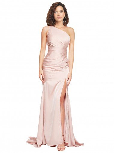 Outlet Full Length One Shoulder Long Formal Silky Satin Bridesmaid Dress / Prom Dress with High Split