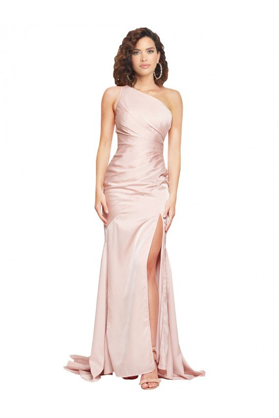 Outlet Full Length One Shoulder Long Formal Silky Satin Bridesmaid Dress / Prom Dress with High Split