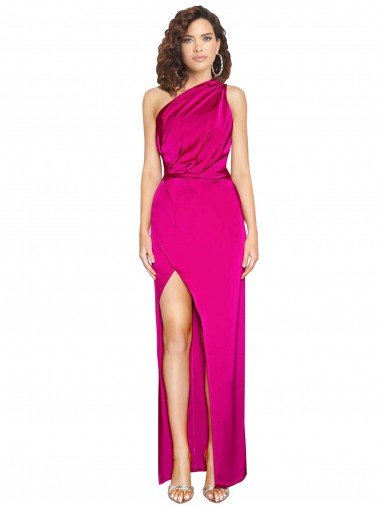 Outlet One Shoulder Long Full Length Formal Silky Satin Bridesmaid Dress / Prom Dress with Front Side Split
