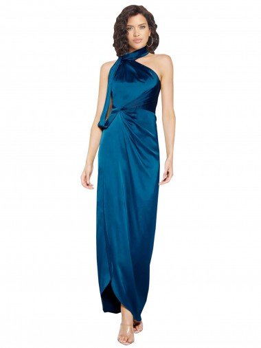 Outlet High Halter Neck Formal Silky Satin Bridesmaid Dress / Prom Dress with Sash Overlay and Side Split