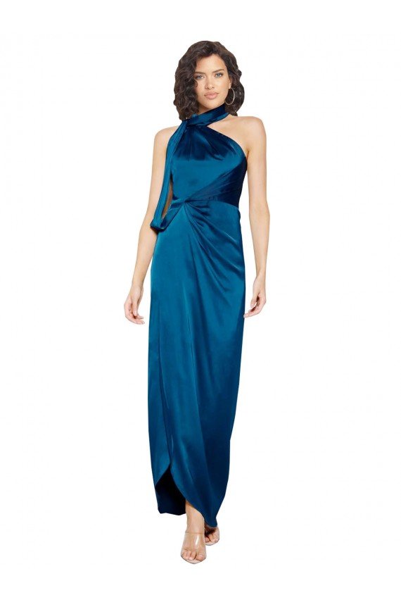 Outlet High Halter Neck Formal Silky Satin Bridesmaid Dress / Prom Dress with Sash Overlay and Side Split