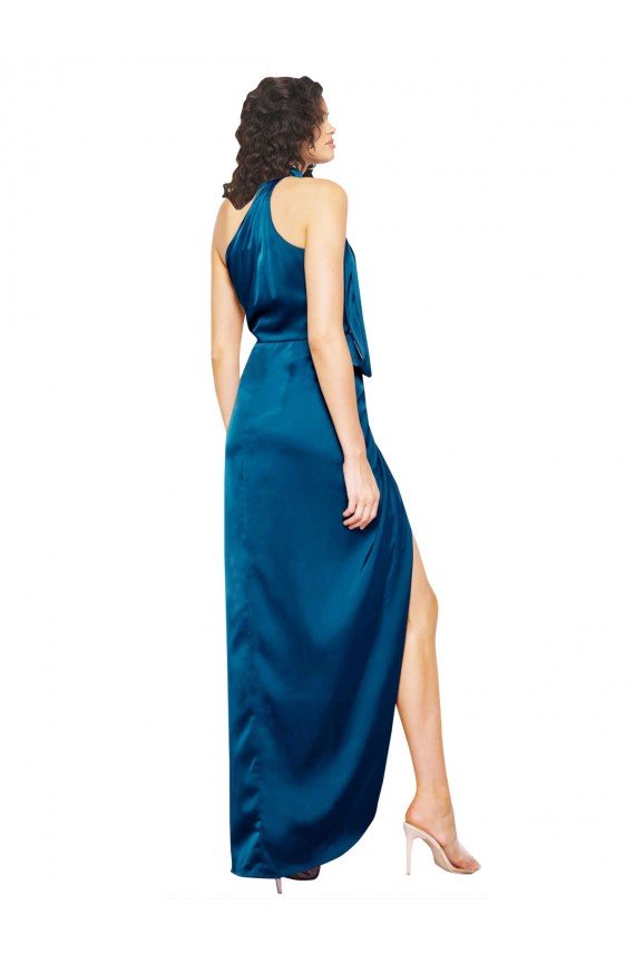 Outlet High Halter Neck Formal Silky Satin Bridesmaid Dress / Prom Dress with Sash Overlay and Side Split