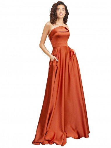 Outlet Strapless Sweep Train Formal Silky Satin Bridesmaid Dress / Prom Dress with Pleats