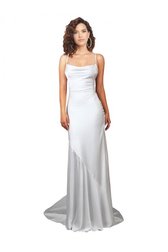 Outlet Simple Lace Up Back Cowl Neck Long Sweep Train Silky Satin Beach Wedding Dress