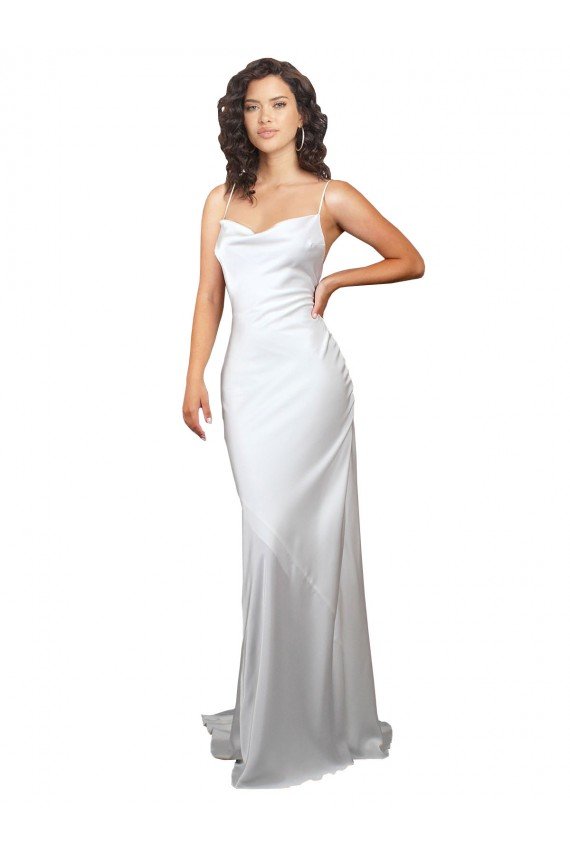 Outlet Simple Sweep Train Low Back Tie Cowl Neck Long Silky Satin Beach Wedding Dress