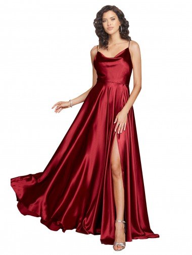 Outlet Cowl Neckline Long Formal Silky Satin Bridesmaid Dress / Prom Dress with Spaghetti Straps