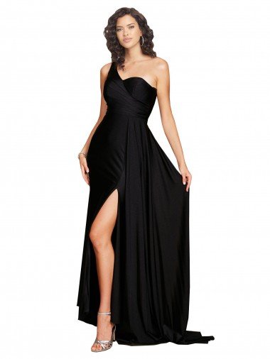 Outlet Floor Length One Shoulder Formal Silky Satin Bridesmaid Dress / Prom Dress with Side Slit