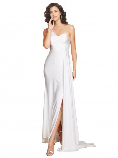 Outlet One Shoulder Floor Length Silky Satin Wedding Dress with Side Slit