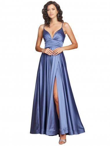 Outlet Deep V-Neck Sweetheart Long Formal Silky Satin Bridesmaid Dress / Prom Dress with Thigh High Slit
