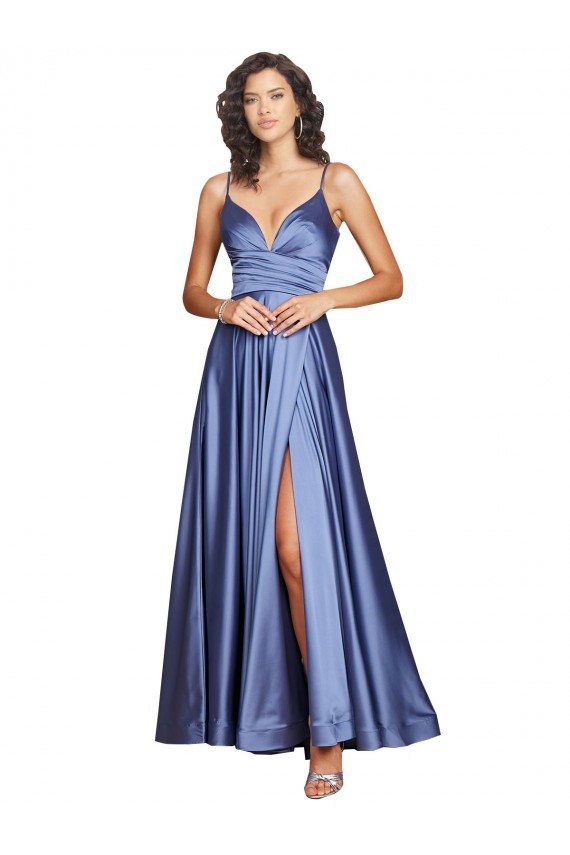 Outlet Deep V-Neck Sweetheart Long Formal Silky Satin Bridesmaid Dress / Prom Dress with Thigh High Slit