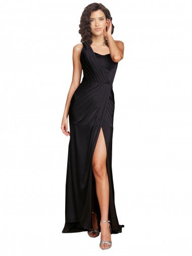 Outlet Full Length One Shoulder Ruffled Long Formal Silky Satin Bridesmaid Dress / Prom Dress with High Slit