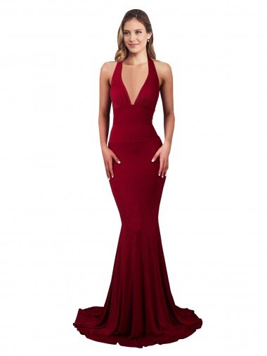 Outlet Halter Mermaid Plunge V-Neckline Open Back Bow Tie Formal Spandex Bridesmaid Dress / Prom Dress