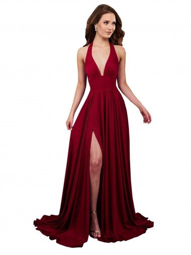 Outlet A-Line Halter Plunge V-Neckline Open Back Formal Spandex Bridesmaid Dress / Prom Dress with Slit