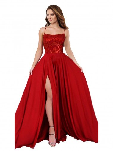 Outlet Lace Over Bodice Long Spandex Bridesmaid Dress / Prom Dress with Slit